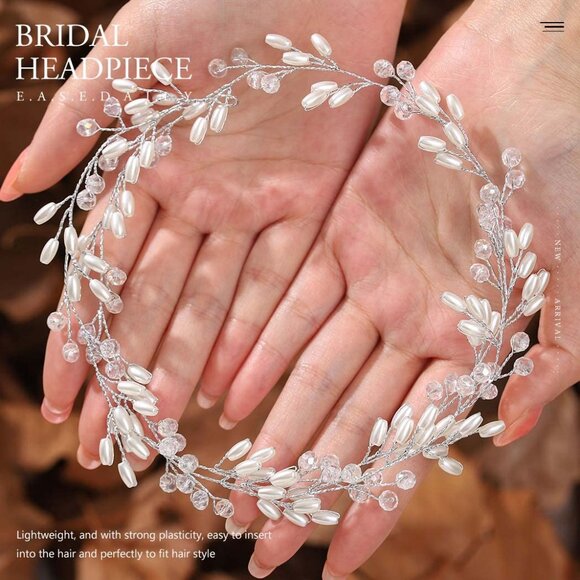 Bride Wedding Hair Vine Silver Pearl Long Headpieces Crystal Headpiece Rhineston - Picture 6 of 8